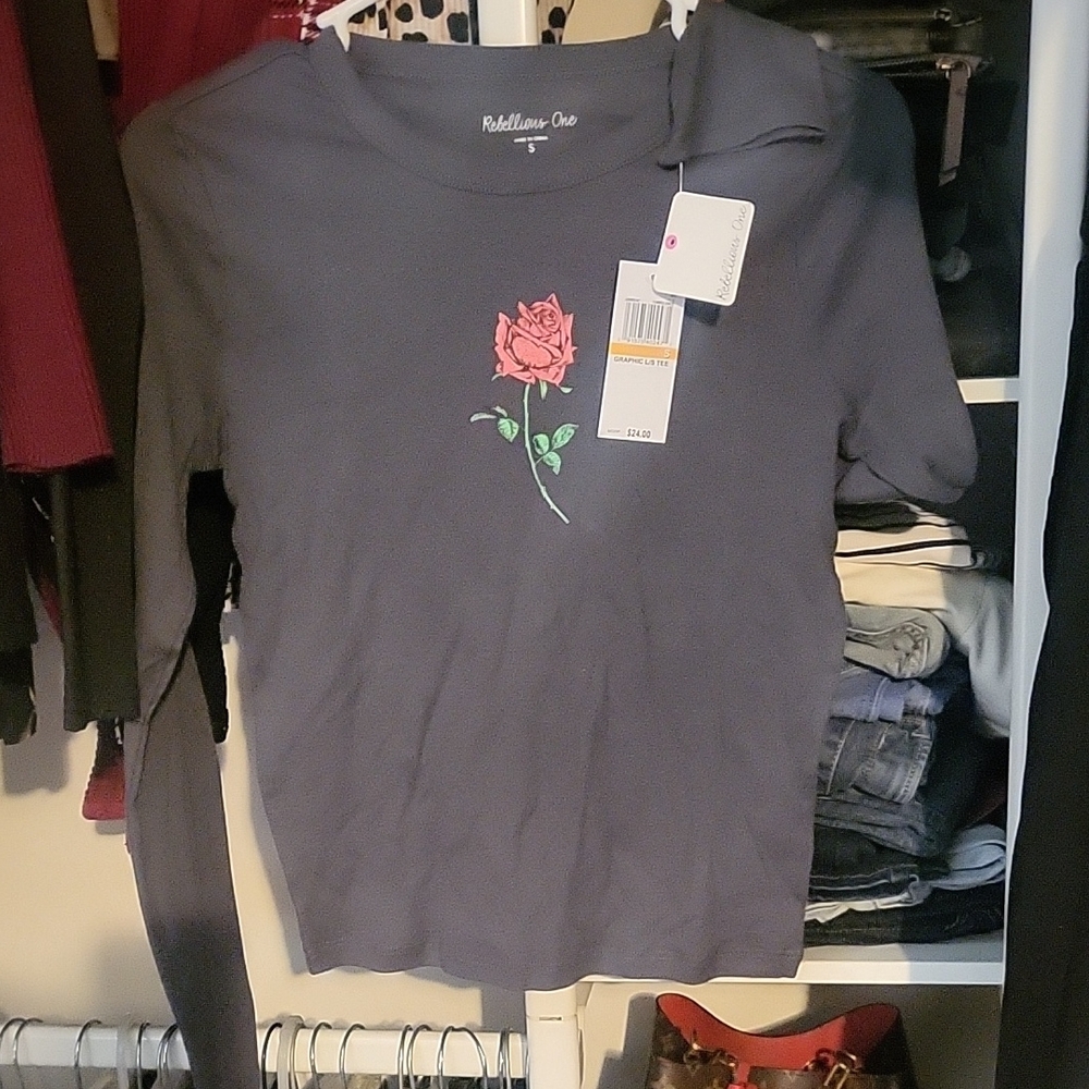 Rebellious One Charcoal Long Sleeve Top with Pink Rose, Size S